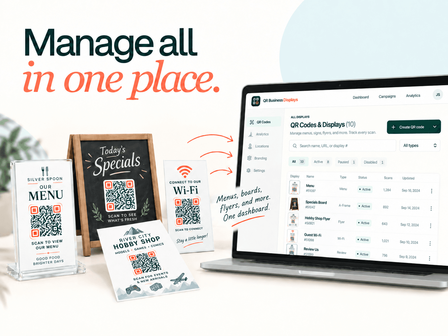 QR Business Displays dashboard for creating, organizing, and tracking business QR codes