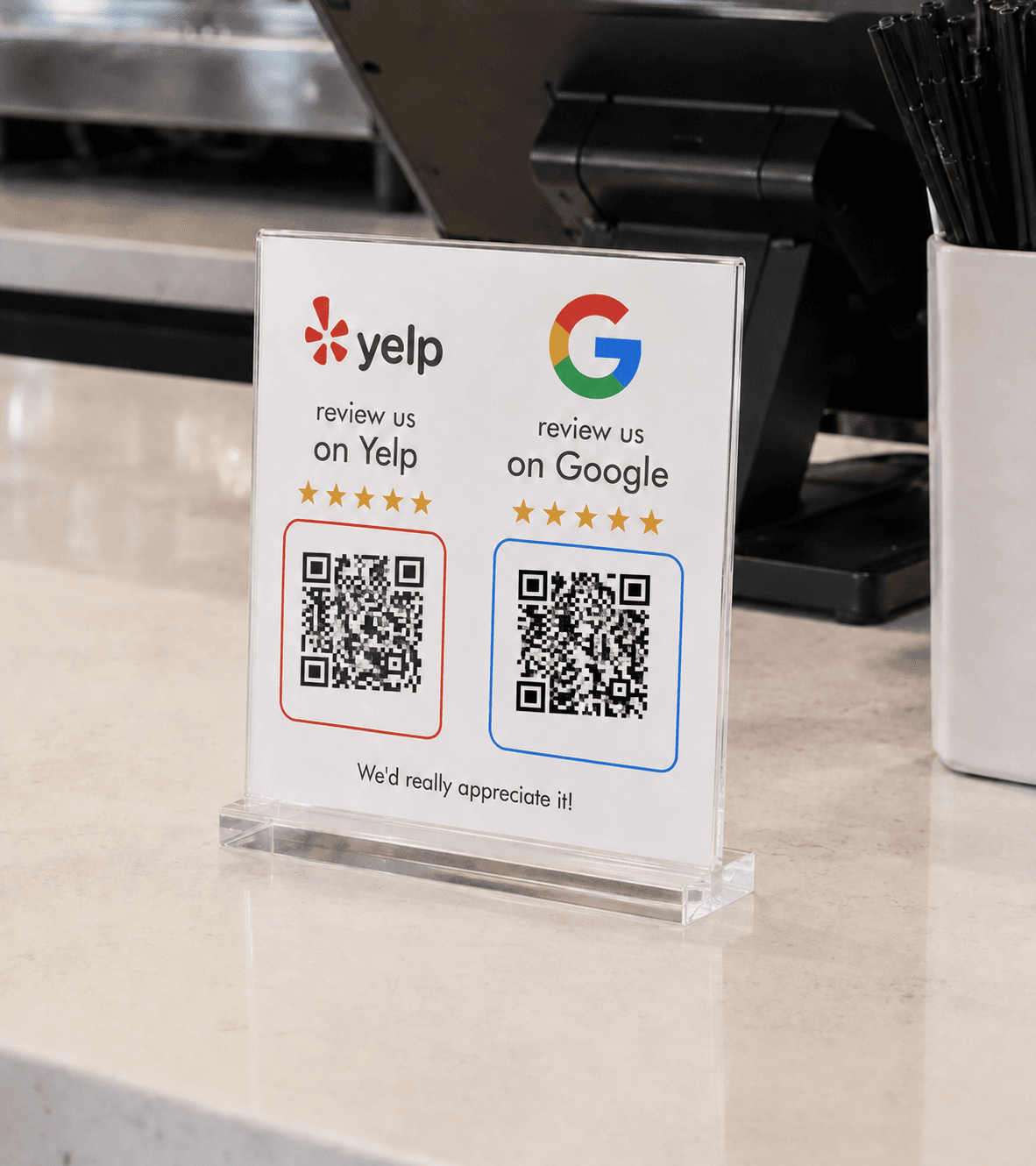 Yelp and Google QR Display on a checkout counter